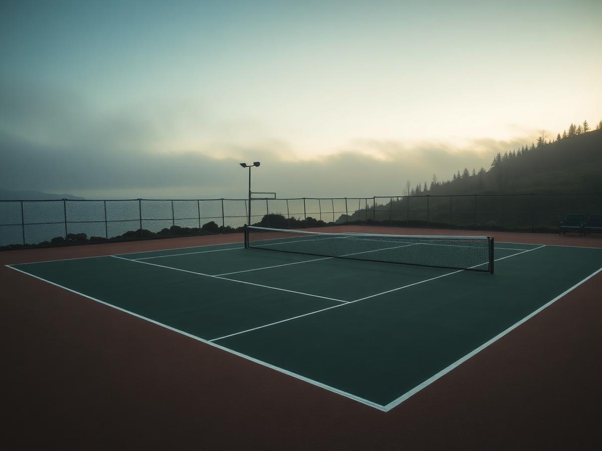 Tennisbana i skandinaviskt kustlandskap i skymning